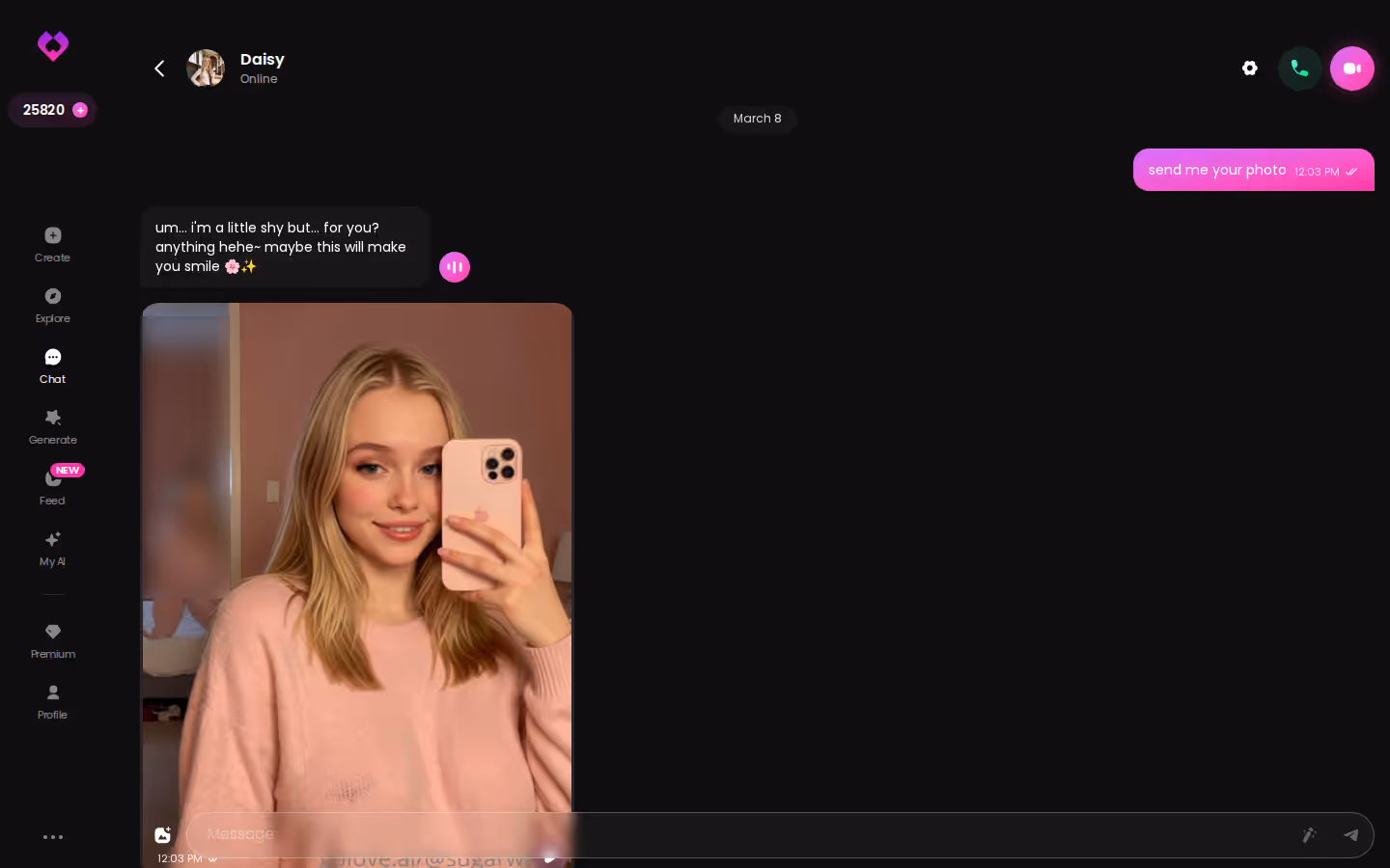 GoLove.ai chat thread showing text, voice and photo replies in one conversation