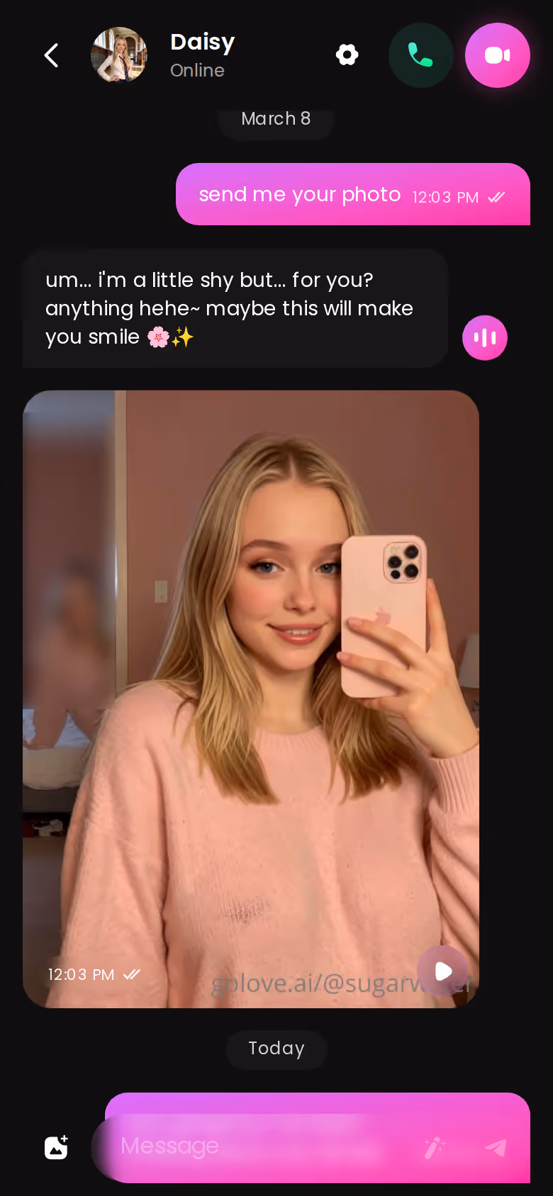 Full GoLove.ai mobile thread with a different character and the same instant photo loop