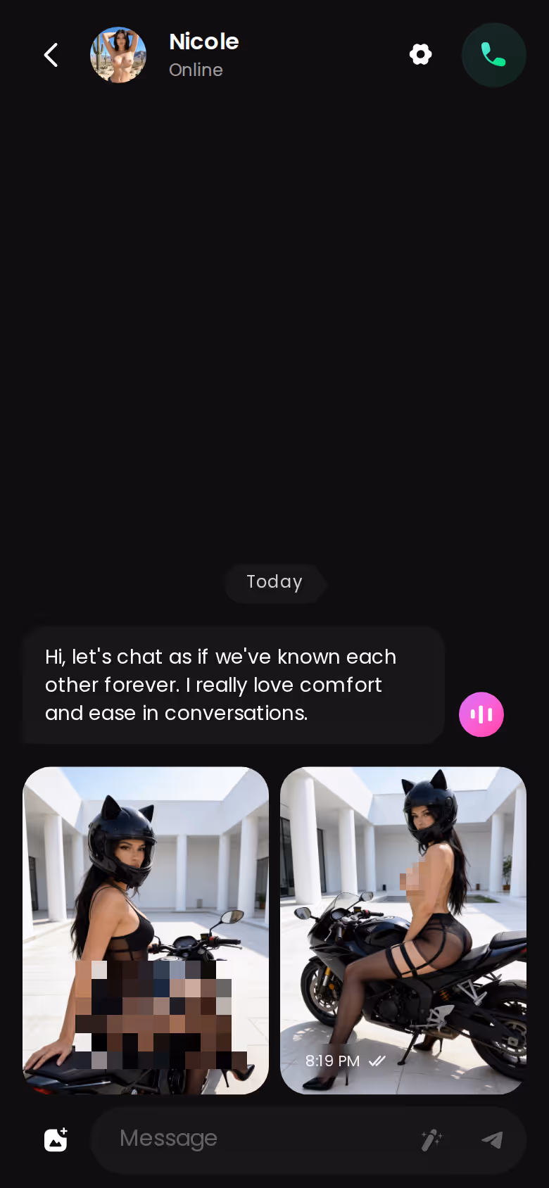 GoLove.ai mobile chat thread with the voice note button in the composer