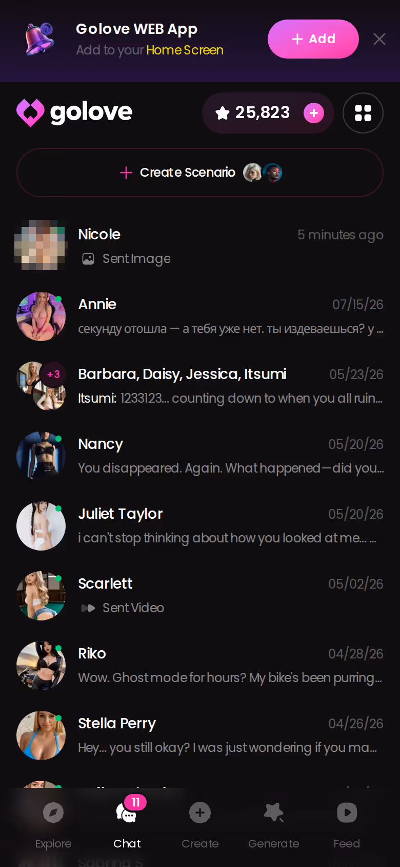 GoLove.ai chats list on mobile showing several ongoing AI girlfriend conversations
