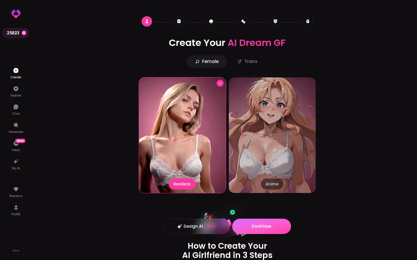 GoLove.ai Create screen with Realistic, Anime and Trans options plus Design with AI