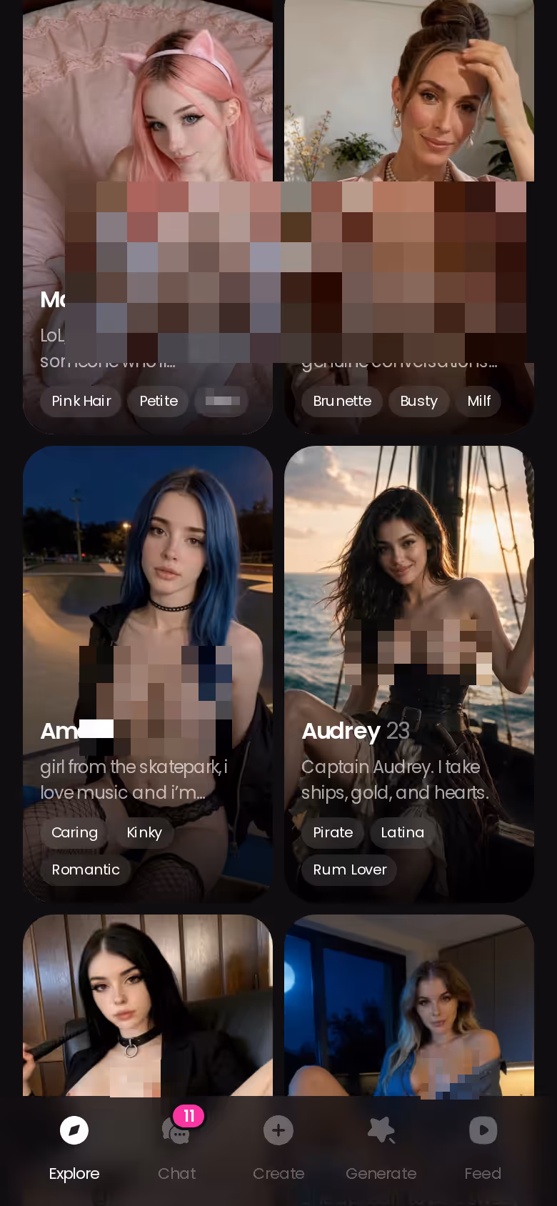 GoLove.ai Explore screen on mobile showing realistic AI girlfriend characters