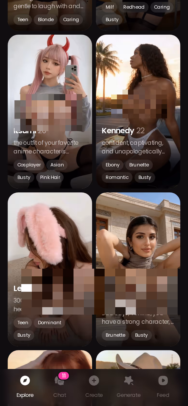 GoLove.ai's Explore roster on mobile — pick a character and the chat opens immediately
