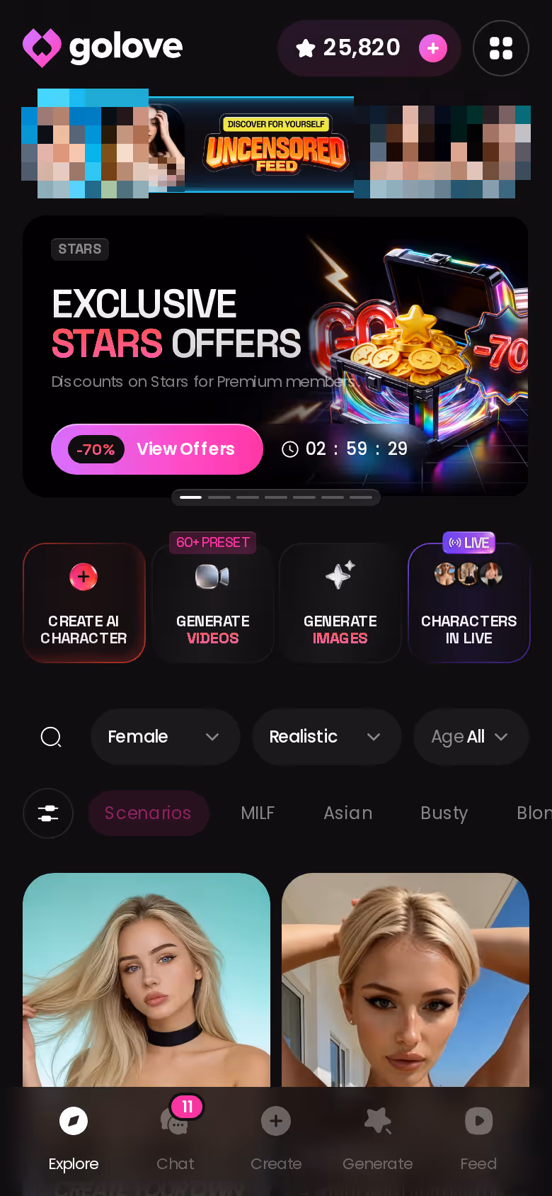 Mobile GoLove.ai Explore page with banners and character grid — ai girlfriend nudes