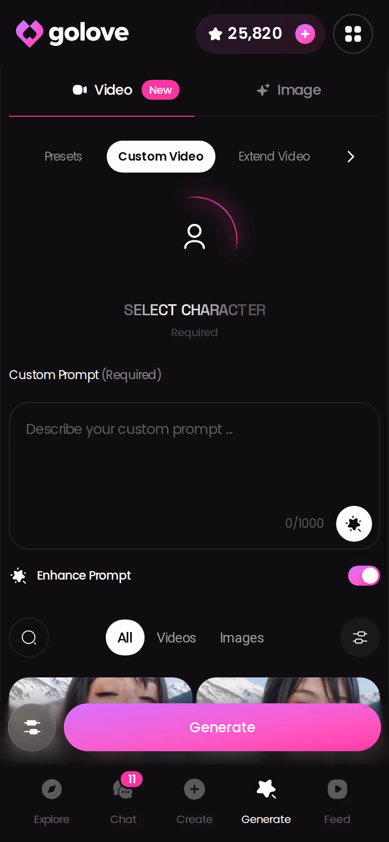 GoLove.ai Custom Video generator on mobile for making clips of your own character