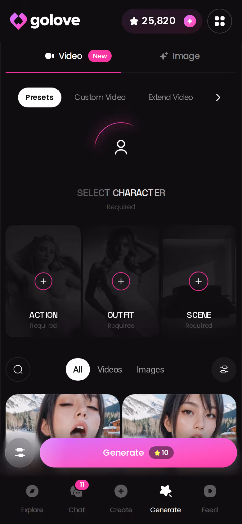 GoLove.ai mobile Generate hub for building a character's photos and videos