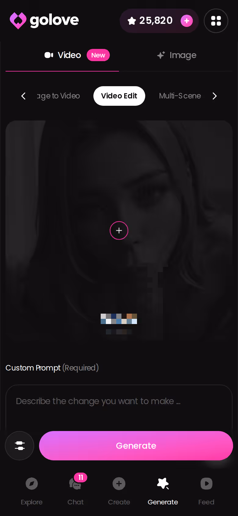 GoLove.ai Video Edit tool in the generator on mobile